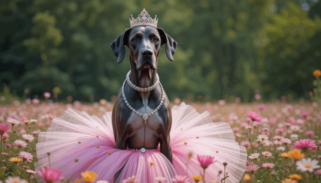175 Hilarious Dog Names That’ll Make You Giggle 4 Large dog wearing tiny princess outfit for humorous contrast