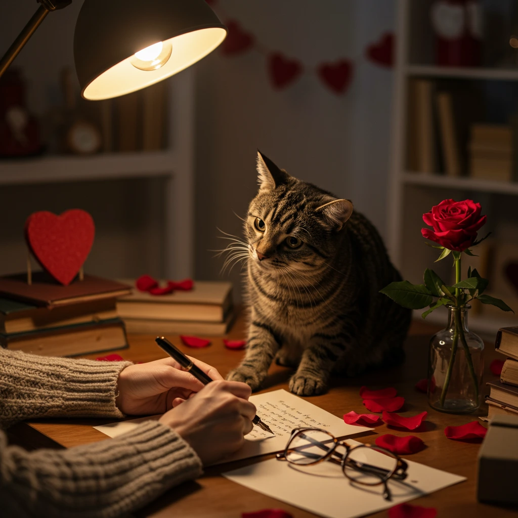 Your Pet Is Your Real Valentine: 5 Heart-Melting Ideas Going Viral This February 6 Tabby cat curiously watching owner write Valentine's love letter with fountain pen on vintage stationery, paw touching paper in cozy lamp-lit scene