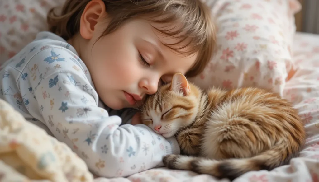 How to Build a Strong Bond Between Children and Pets 3 A child napping with their pet cat resting nearby