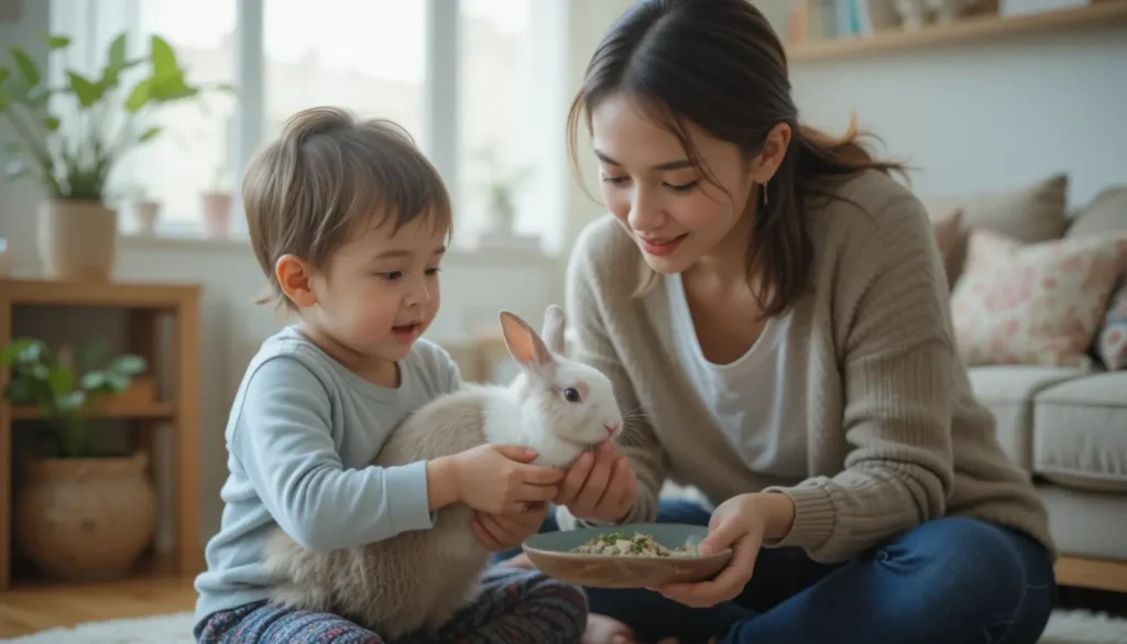 How to Build a Strong Bond Between Children and Pets 2 Parent helping a child feed a pet rabbit