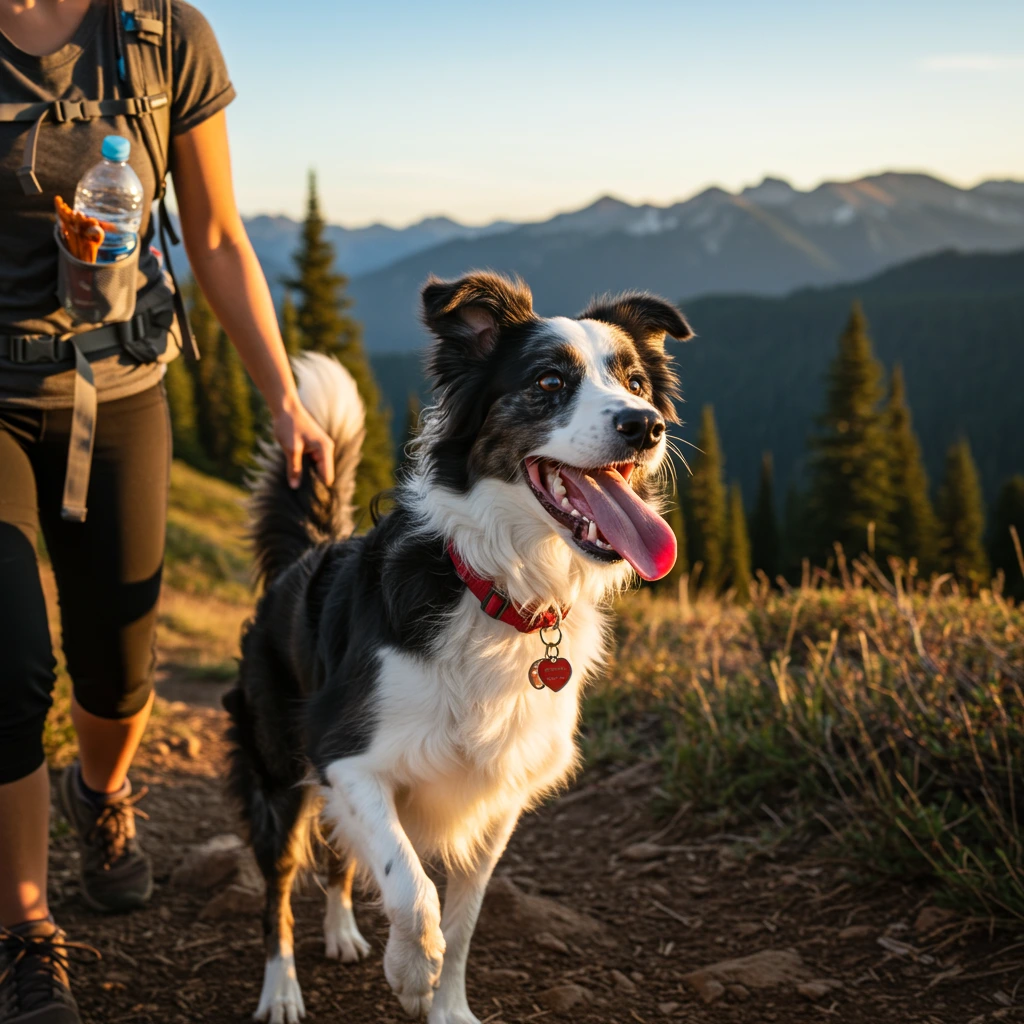 Your Pet Is Your Real Valentine: 5 Heart-Melting Ideas Going Viral This February 4 Border collie wearing red Valentine's collar hiking with owner on mountain trail, looking excited with tongue out in golden hour lighting