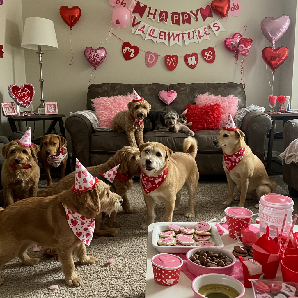 Your Pet Is Your Real Valentine: 5 Heart-Melting Ideas Going Viral This February 2 Multiple dogs wearing Valentine's bow ties and bandanas socializing at indoor pet party with pink decorations and heart-shaped treats