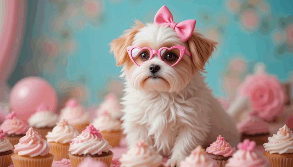 175 Hilarious Dog Names That’ll Make You Giggle 3 Cute female dog with bow and glasses sitting on cupcakes