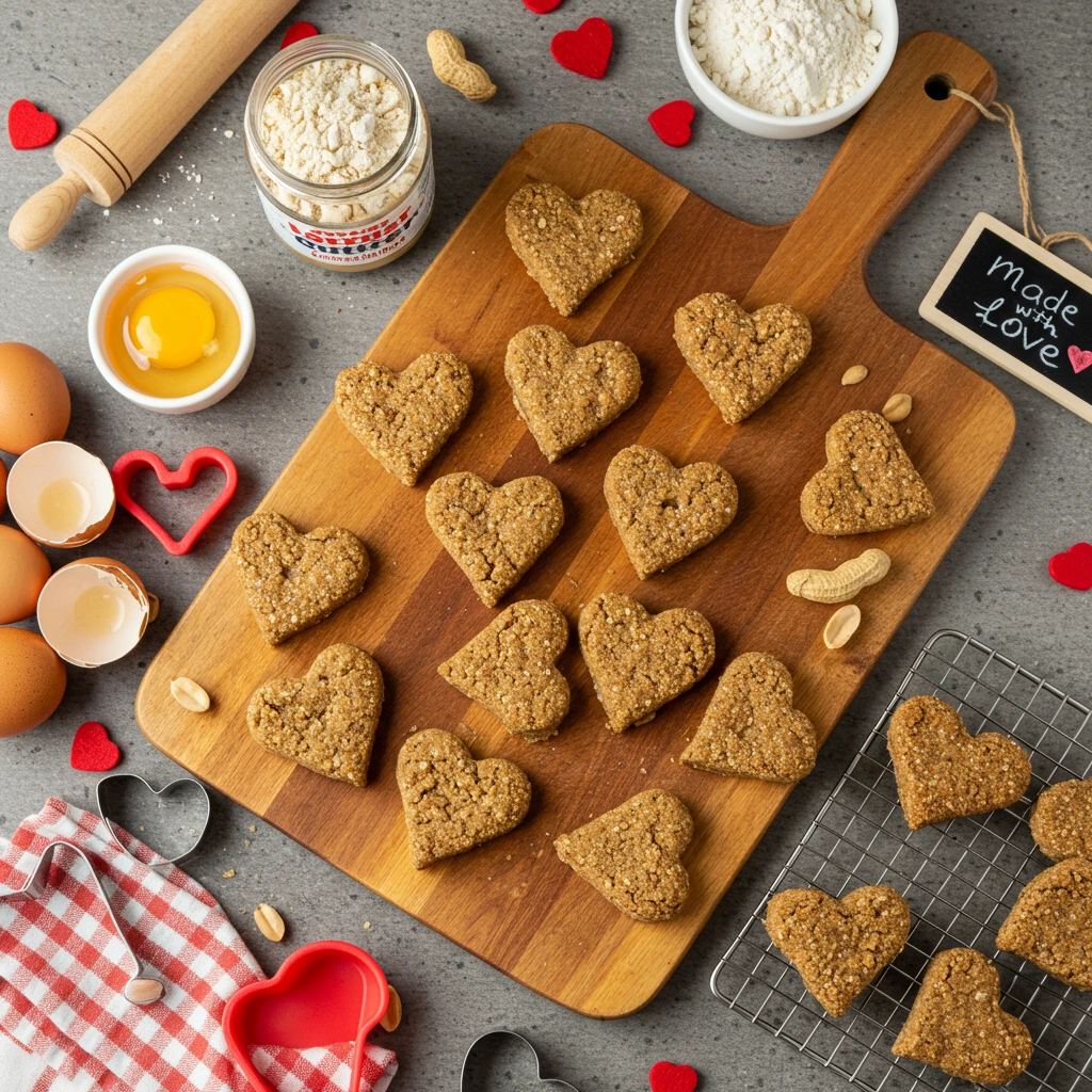Your Pet Is Your Real Valentine: 5 Heart-Melting Ideas Going Viral This February 3 Heart-shaped homemade dog treats on wooden cutting board with baking ingredients, peanut butter, and Valentine's cookie cutters in rustic kitchen setting