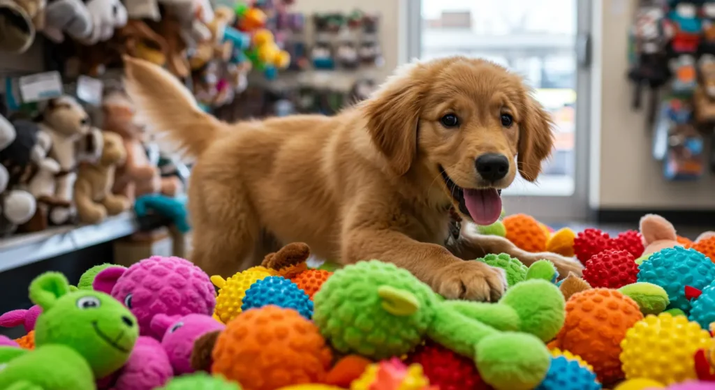 Dog selecting toys at a pet store