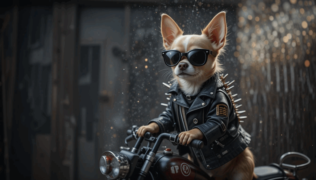 175 Hilarious Dog Names That’ll Make You Giggle 5 Small dog in biker jacket on a toy bike looking tough