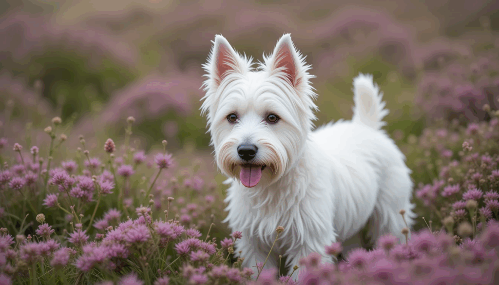 Scottish Dog Names: 200+ Unique Ideas with Celtic Charm 3 West Highland White Terrier dog in Scottish heather field