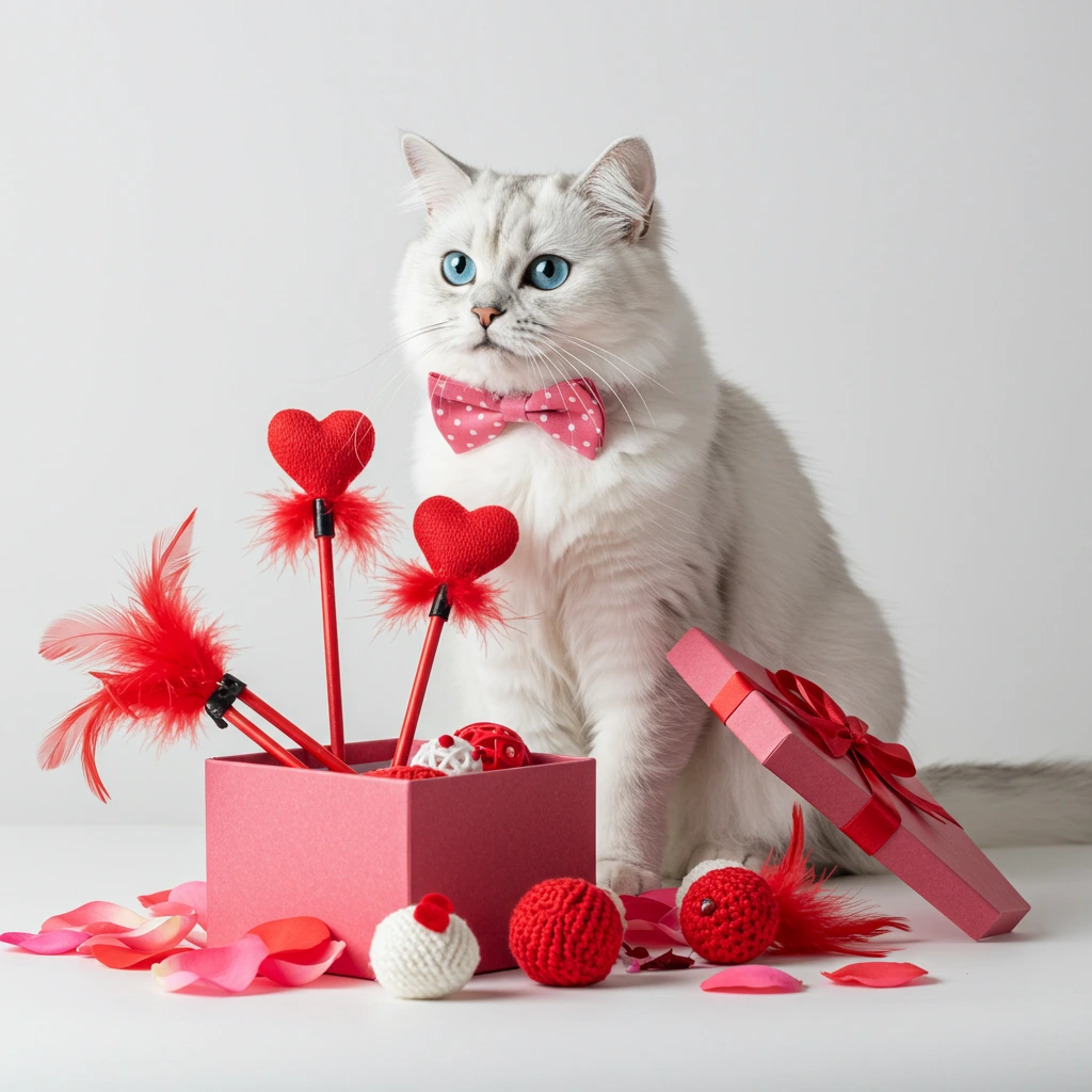 Your Pet Is Your Real Valentine: 5 Heart-Melting Ideas Going Viral This February 5 Fluffy white cat wearing pink bow tie sitting next to opened Valentine's gift box filled with heart-themed toys and scattered rose petals