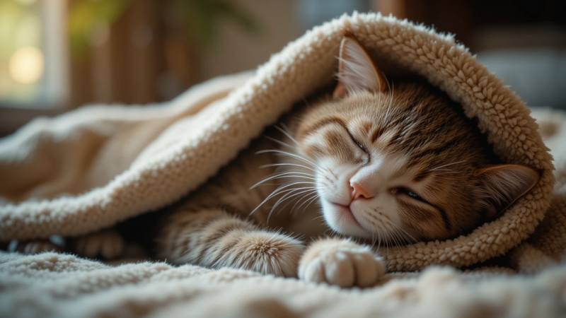 A coughing cat lying under a soft blanket indoors, looking unwell and in need of care.