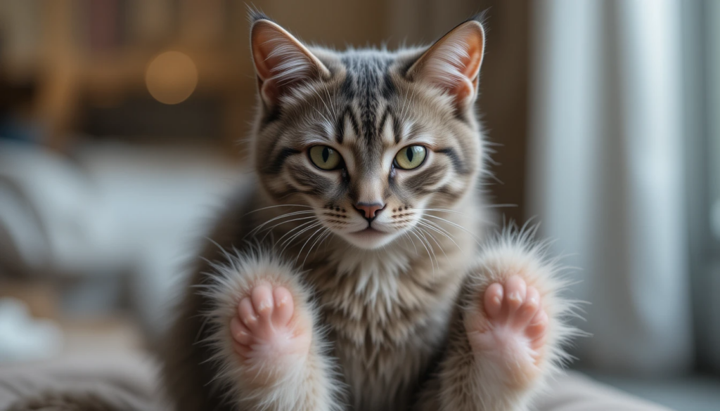 Why Is My Cat Losing Hair on Their Back Legs? Causes & What to Do 2 Close-up of a domestic short-haired cat with visible hair loss on its back legs, sitting indoors and looking alert.