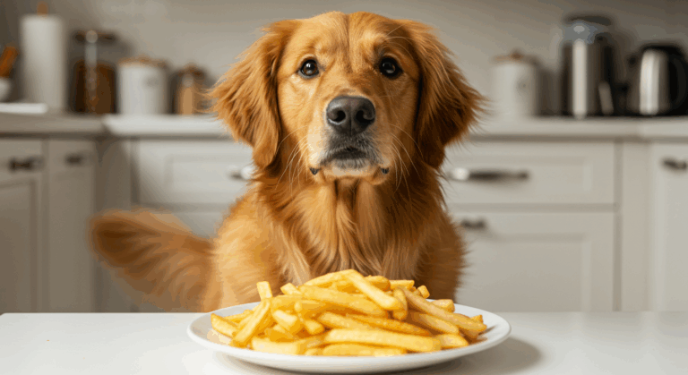 Dog begging for french fries on a table