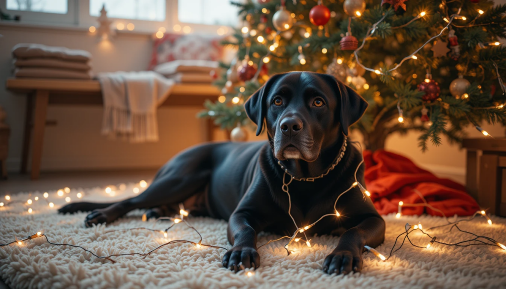Are Christmas Trees Dangerous for Pets? Holiday Safety Tips for Cats & Dogs 2 Black Labrador lying under a Christmas tree tangled in string lights, symbolizing holiday decoration hazards for pets.