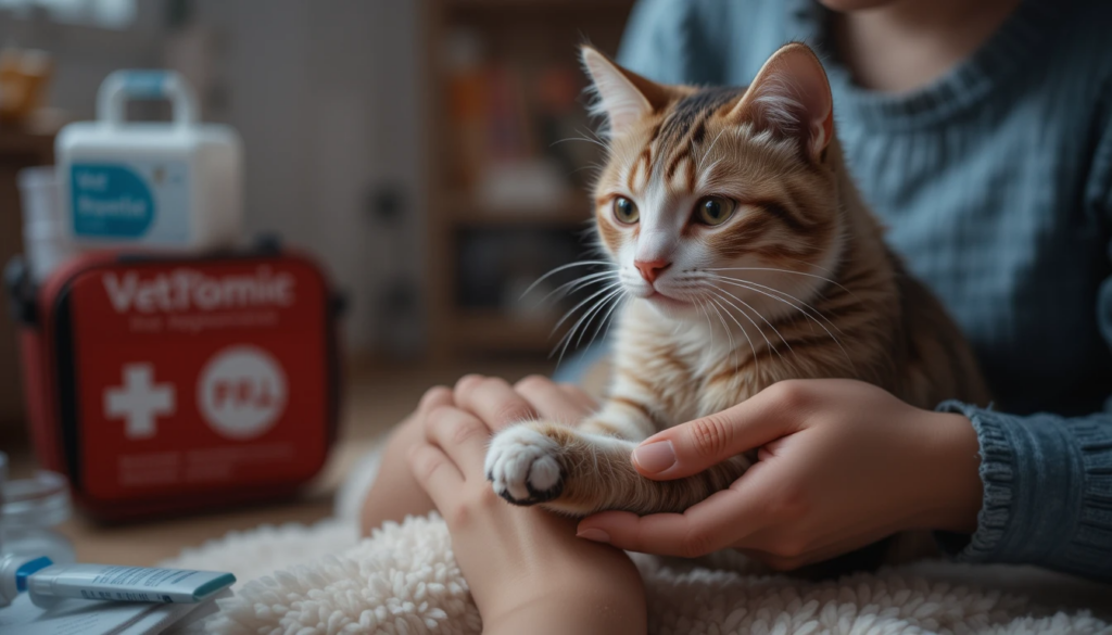 Is Neosporin Safe for Cats? What Every Cat Parent Should Know 2 Concerned cat parent examining a small wound on a cat’s paw at home, showing pet first aid care without using Neosporin.