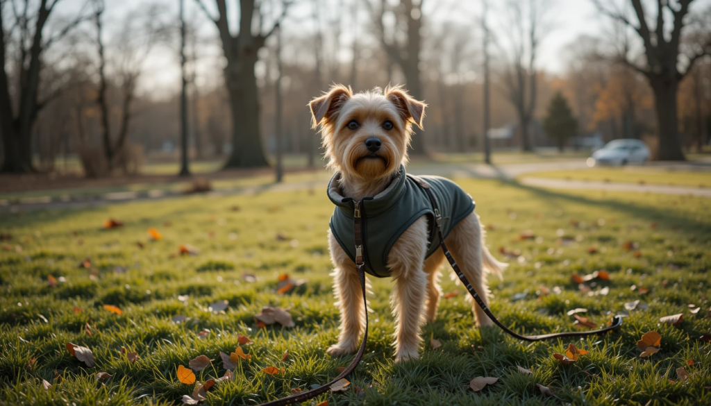Do Dogs Really Need Jackets in Winter? What Vets Recommend 2 Small dog wearing a warm winter jacket standing on green grass during a chilly day